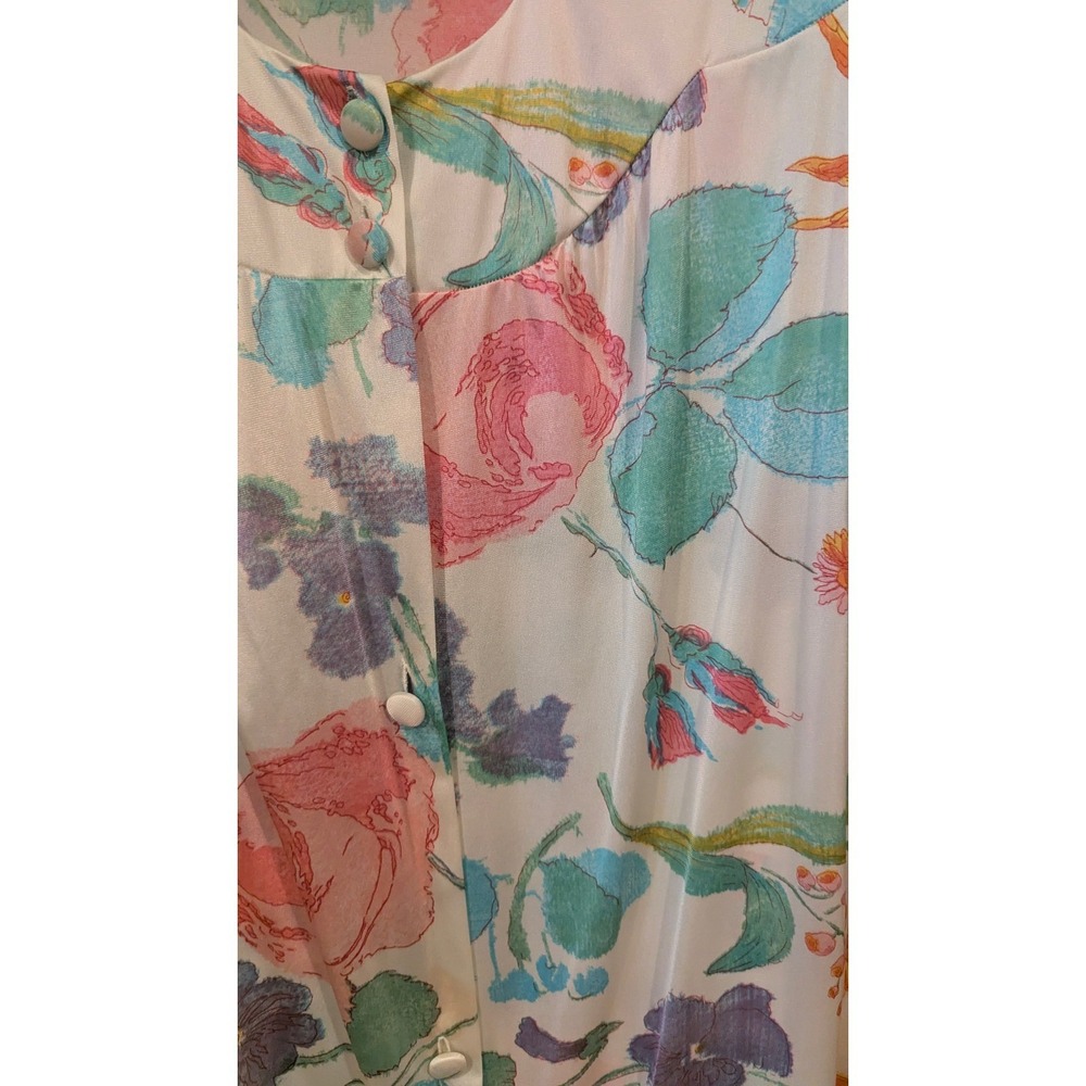 Vintage 70s Watercolor Floral Hostess Gown Maxi Dress Button Front Lounge Robe S - Picture 6 of 7